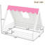 Lit double au sol avec tipi blanc et rose, garde-corps pour un coin de lecture blanc et rose, conception en bois massif