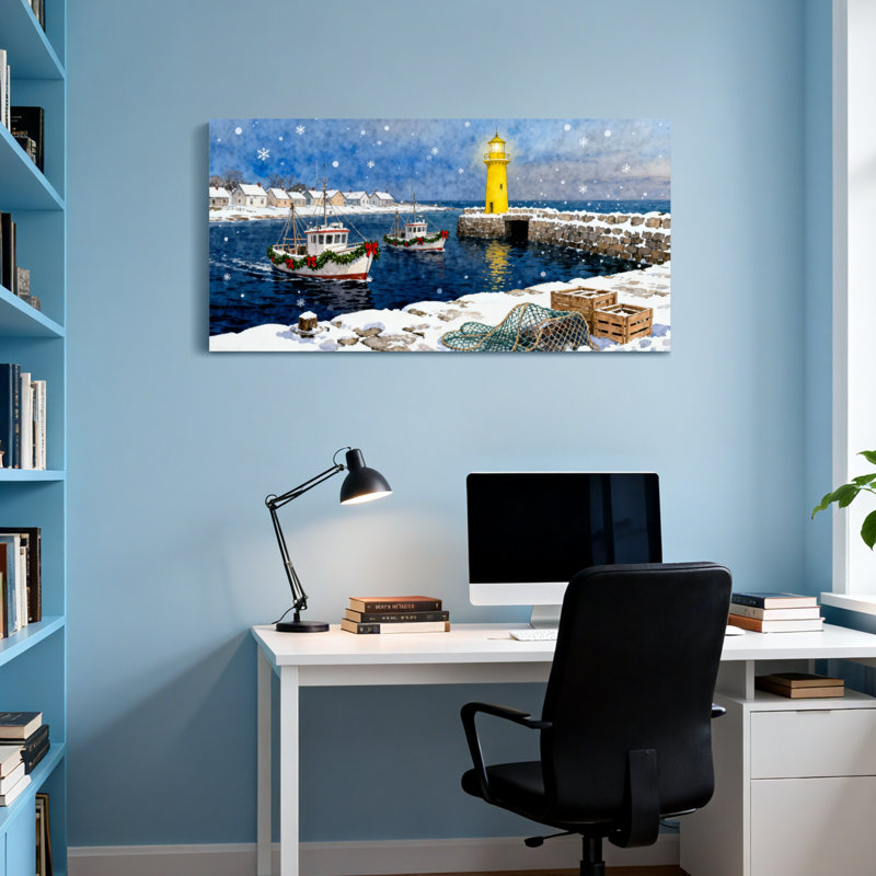 Scène portuaire de Noël avec phare et bateaux, H 28 po x l 58 po