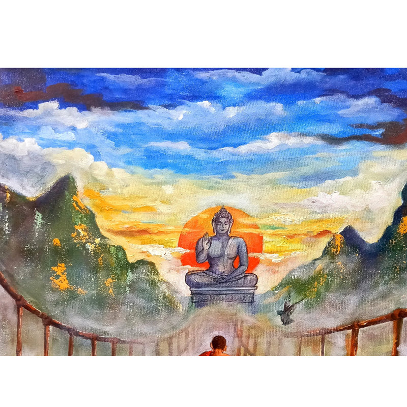 Bouddha et moine | Peinture par Arjun Das | Acrylique sur toile