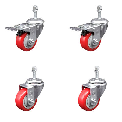 3 Inch SS Polyurethane 10mm Threaded Stem Caster Set 2 Total Lock Brake