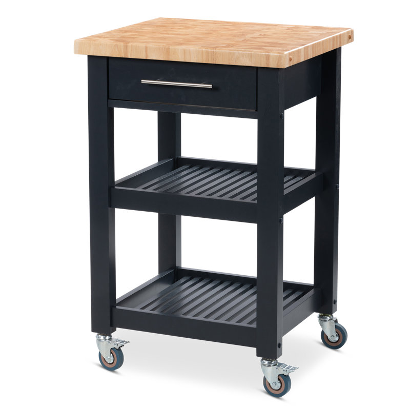 Midnight Navy Rubber Wood Butcher Block Kitchen Cart with Storage