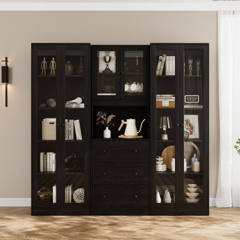 White Book Cabinet Storage Bookcase, 5-Tier Modern Bookshelves With 3 Large Drawer And Glass Door(A+2C), Black