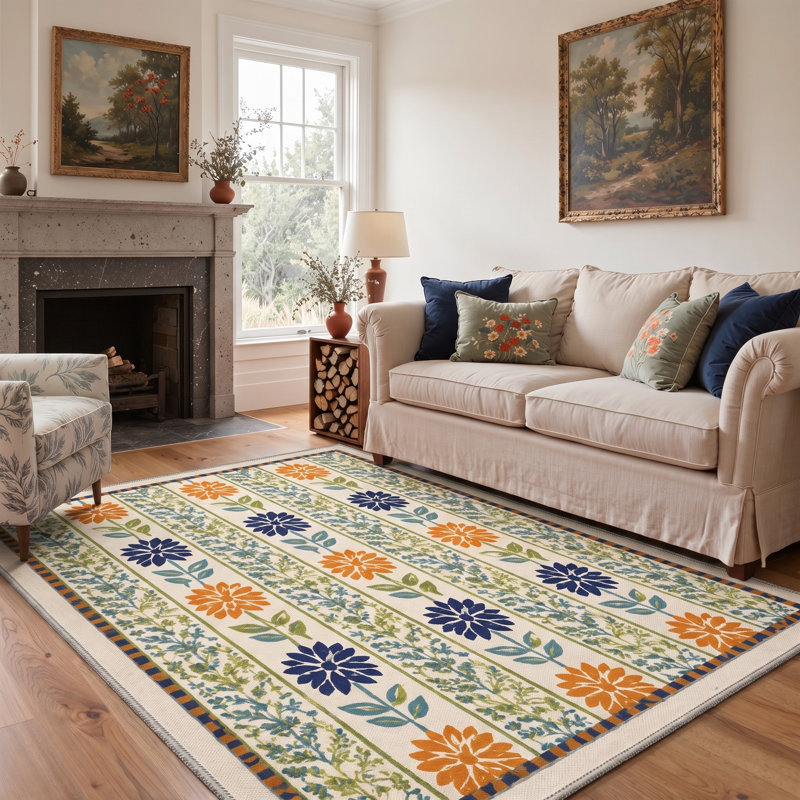 Tapis floral ivoire / orange lavable à la machine avec envers antidérapant, Rectangle 9 pi x 12 pi