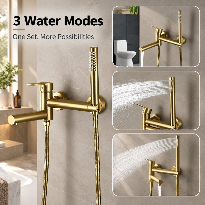 Wall Mount Tub Faucet with Handheld Shower, 90° Rotatable Spout Bathtub Tap, Brushed Gold