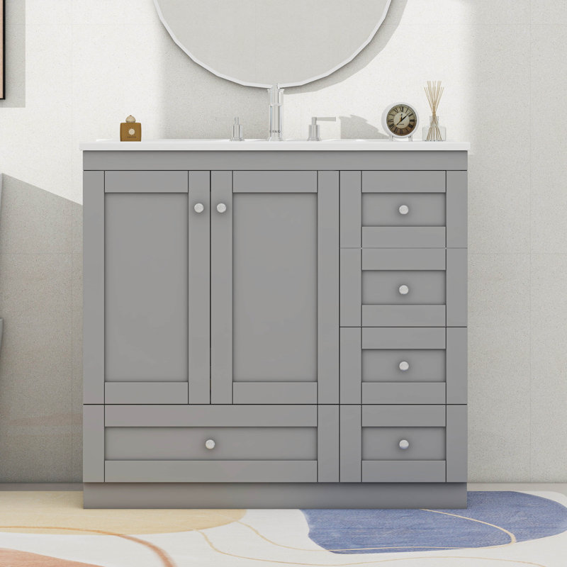 36" Bathroom Vanity With Ceramic Sink, Bathroom Storage Cabinet With Drawers, Grey