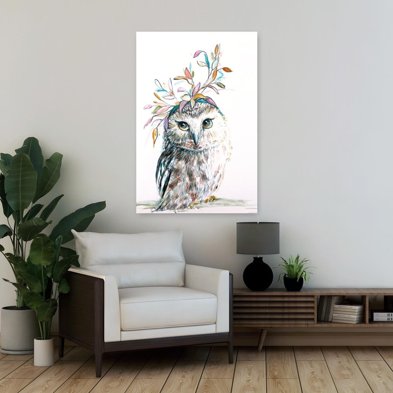 Hibou enchanté, abstrait, fantaisiste, contemporain, forêt, art, H 36 po x l 24 po
