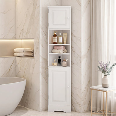 Multi-functional Corner Cabinet Tall Bathroom Storage Cabinet With Two Doors And Adjustable Shelves, White Mdf Board Triangle Design