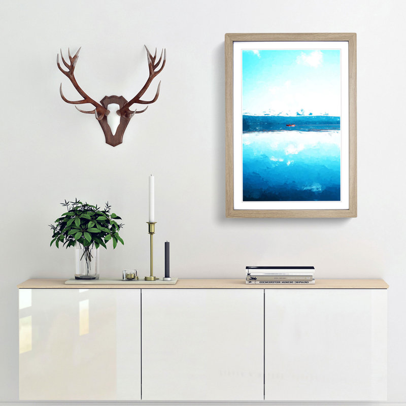 Red Kayak on a Lake in Sweden in Abstract - Picture Frame Graphic Art Print, Oak Framed, 65cm H x 48cm W x 2cm D