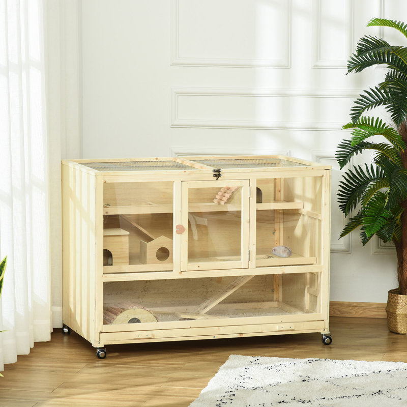 Cage à hamster en bois, cage à 3 niveaux avec toit ouvrable, bois naturel