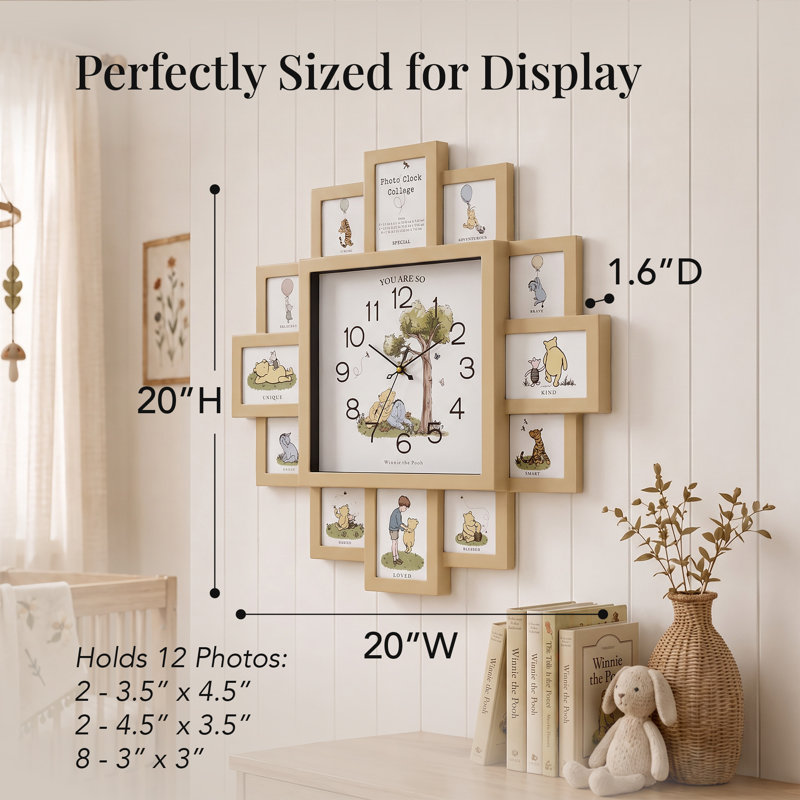 Horloge murale photo Winnie l'Ourson, cadre photo beige 50 x 50 cm pouvant contenir 12 photos, horloge décorative pour souvenirs de famille, idéale pour la chambre d'enfant, la chambre à coucher, le salon et la décoration murale pour chambre de bébé.