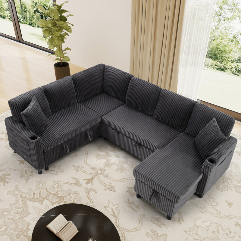 3 Piece U-Shaped Sectional Sofa Bed Pull Out Sleeper Couch With Storage Ottoman, Gray Corduroy