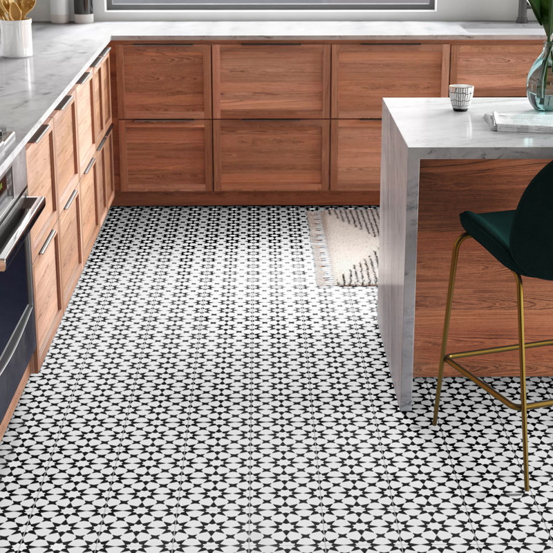 Medina 8" x 8" Cement Patterned Wall & Floor Tile, White/Black