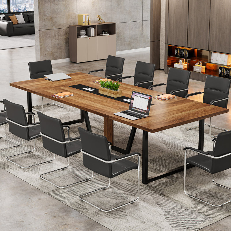 Large Conference Table, Rectangle Meeting Podcast Table, Rustic Brown/Black