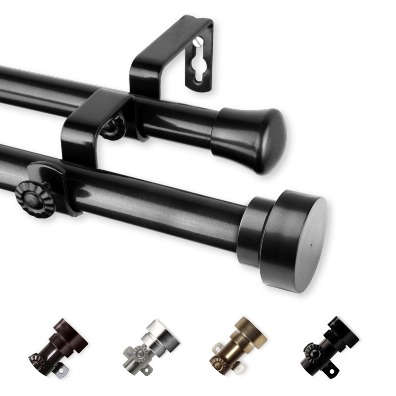 Embarcadero Steel Rod/Resin Finials Adjustable 0.81'' Double Curtain Rod, Black, 28"-48"W