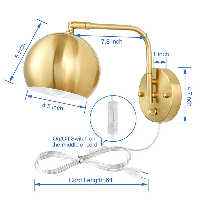 Set of 2 Dimmable Swing Arm Wall Sconces, Plug-in Globe Wall Light with Dimmer Knob Switch, 2 Bulbs Included for Bedroom, Bedside & Bathroom