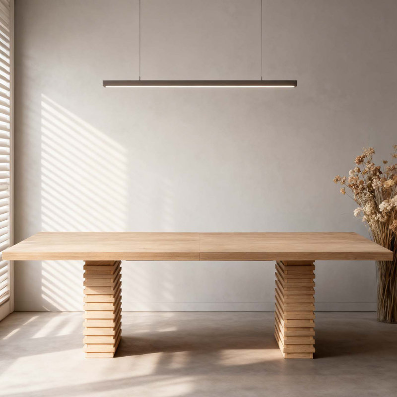 Modern Dining Table With Robust Double Pedestal, Natural Ash