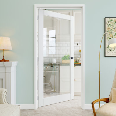 Porte pré-suspendue intérieure en verre clair 36 po x 80 po 1-Lite avec levier incurvé et charnières argentées, plaque de porte en verre transparent, pouvant être peinte et imperméable, combinaison pour la lessive, portes de placard, portes de pièce, main gauche