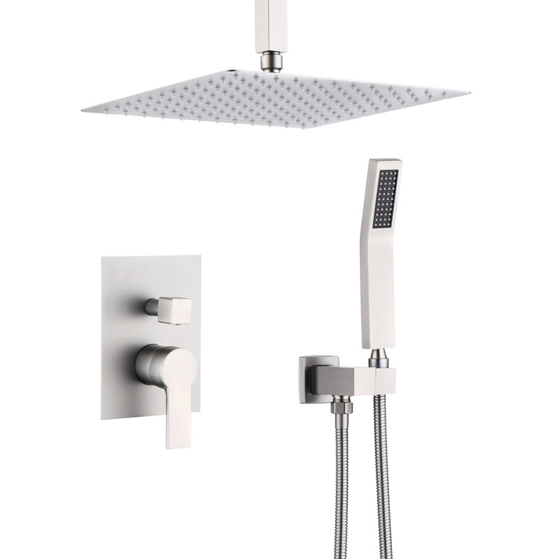 Douche en acier inoxydable, pomme de pluie de 12 po et douche à main, balancelle, finition nickel brossé, ensemble d'installation murale