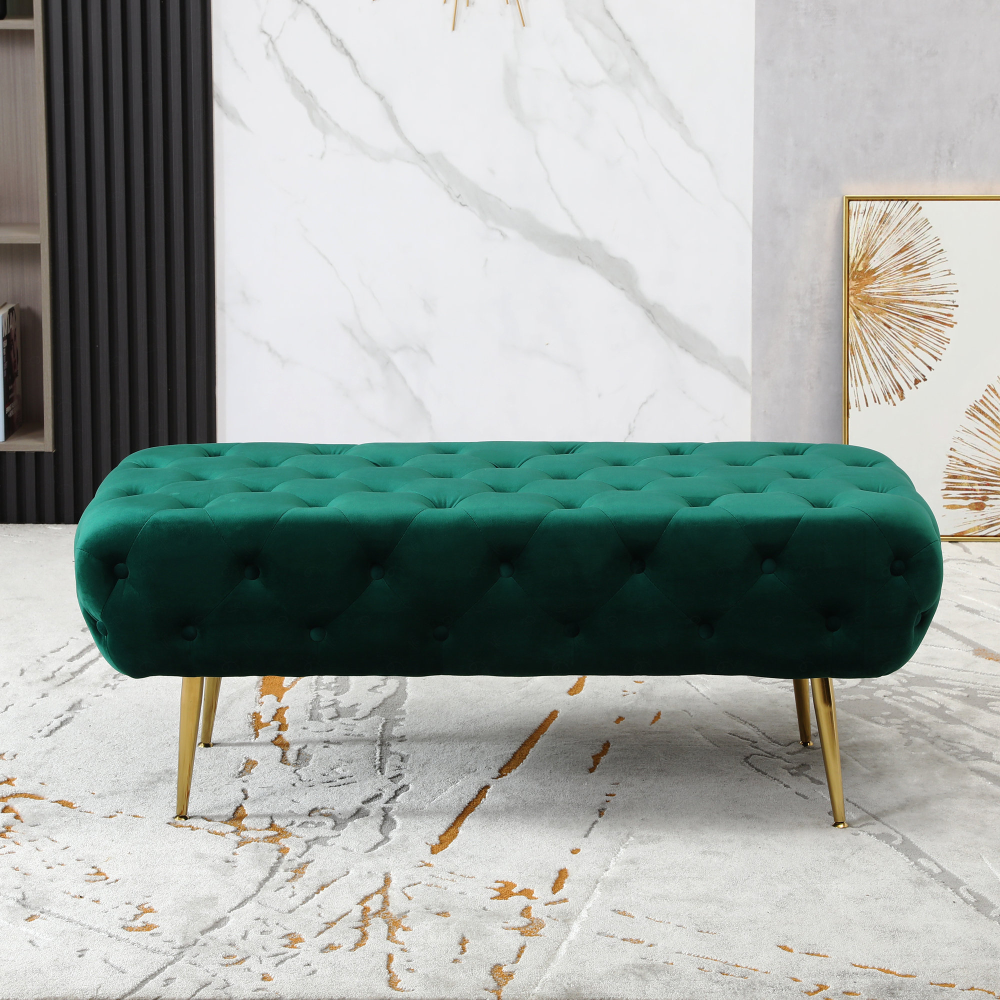 Latitude Run® Velvet Button Tufted Bench With Gold Metal Legs - Wayfair ...