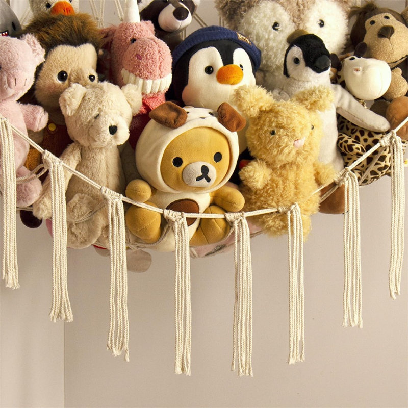 Hamac de rangement pour peluches, organisateur d'angle en macramé de coton, support suspendu pour peluches, idéal pour la chambre de bébé, la chambre d'enfant et la salle de jeux.