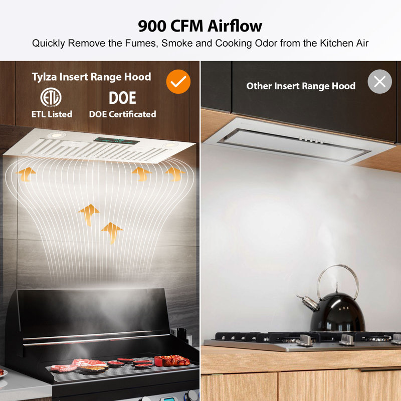 30" 900 CFM Insert Range Hood, Ducted/Ductless Convertible, 4 Speed Ultra-Quiet, Remote/Touch /Gesture Control, Delayed Shutdown, Timer, Dishwasher-Safe Stainless Steel Baffle Filter, Charcoal Filter, Adjustable LED Lights, Silver