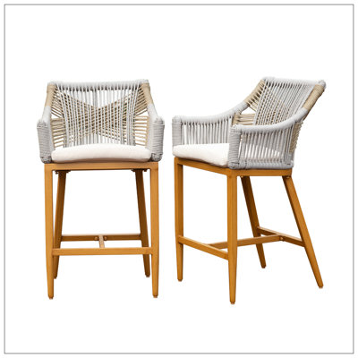 Ensemble de 2 tabourets de bar, chaises de bar à hauteur de comptoir pour l'extérieur avec accoudoirs et dossier, tabourets de bar hauts en aluminium avec coussin, tabourets de bar Boho en corde de textilène moderne pour le jardin, la piscine, le patio
