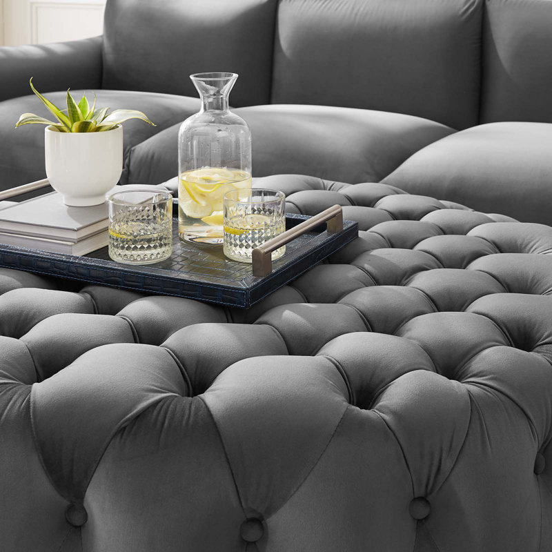 Amour Large Round Gray Velvet Tufted Ottoman