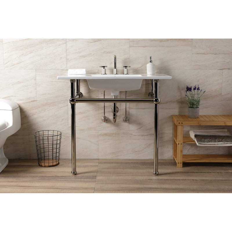 Kingston Brass Templeton 37-Inch Ceramic Console Sink with Brass Legs (8-Inch, 3-Hole), White/Polished Nickel