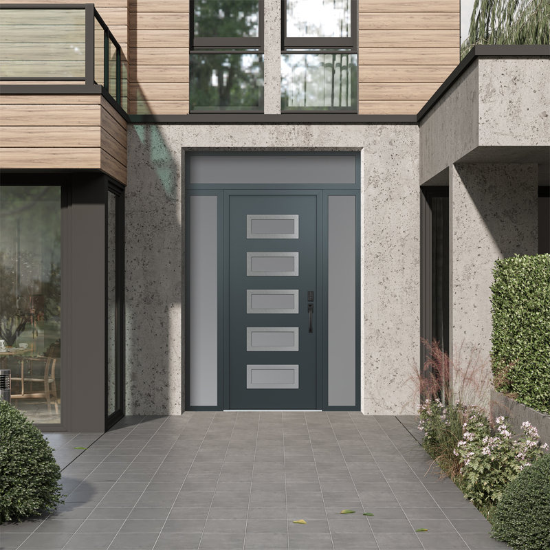 D1 Left-Hand 68 in. x 96 in. Panel Silver Steel Anthracite And Anthracite Frosted Glass With 2 Sidelites And Transom Frosted Glass Prehung Front Entry Door