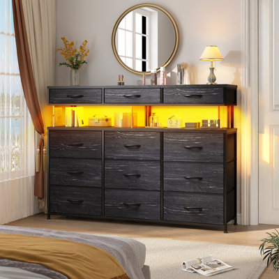 Dresser For Bedroom With 12 Drawers, Dressers With Led Light, Charging Station And Acrylic Sheet
