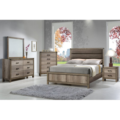 Ensemble de chambre à coucher à panneau en mélamine avec lit à panneaux très grand 6 pièces: lit, commode, miroir, 2 tables de chevet, commode