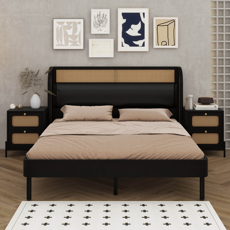 Grand lit plateforme en rotin moderne cannage 3 pièces Bhrigu + table de chevet * 2, Noir