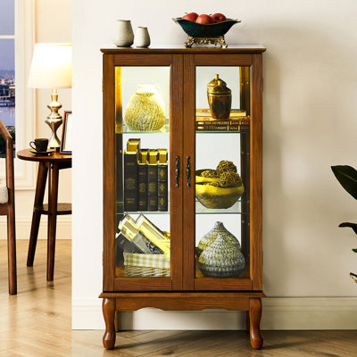 Élégante armoire vitrée en chêne avec intérieur en miroir et porte de rangement réglable en verre trempé pour ornements