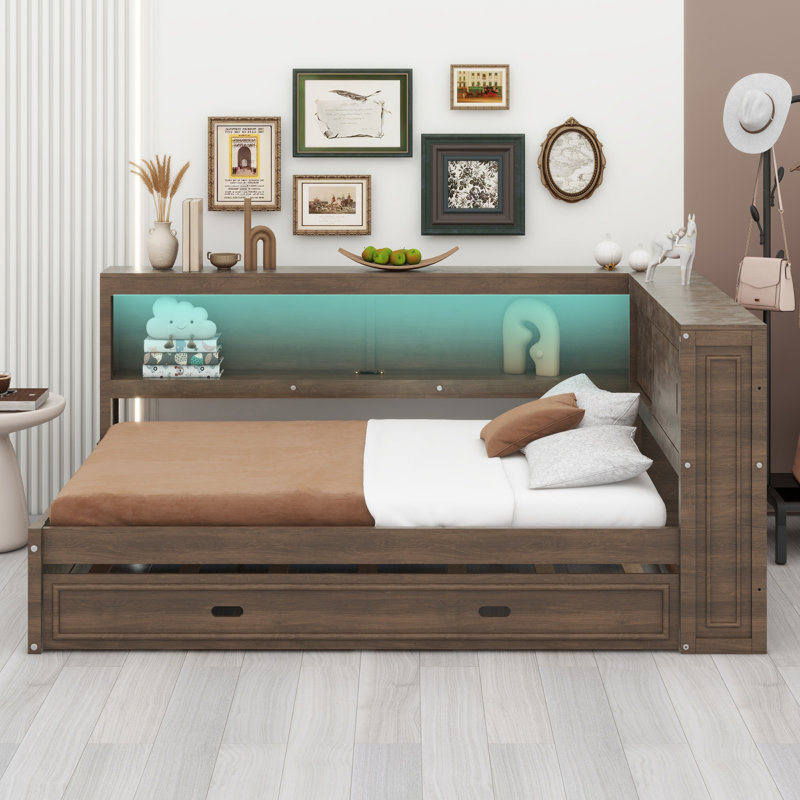 Daybed With Storage Shelves, USB, LED, And Trundle, Antique Wood 