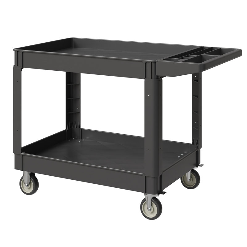 Chariot utilitaire robuste avec roues, capacité de 550 lb, roues, chariot à outils à 2 niveaux en plastique, roues universelles à 360 ° avec 2 freins pour entrepôt, garage