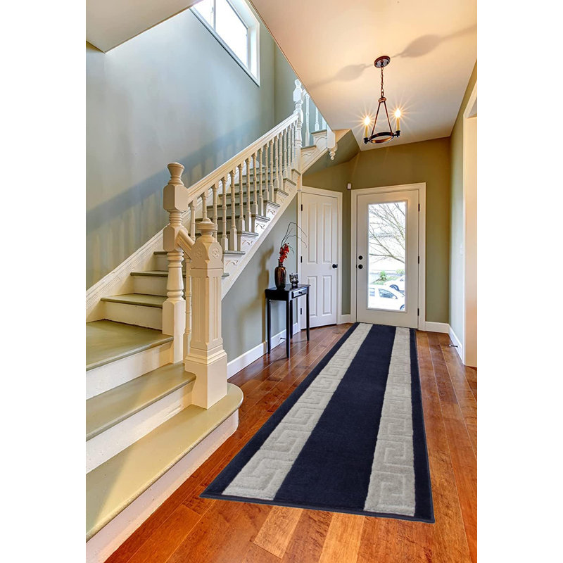 Custom Size Anti-Slip Latex Back Machine Washable Medium Profile Cut Pile Soft Meander Greek Key Navy Runner Rugs by Feet