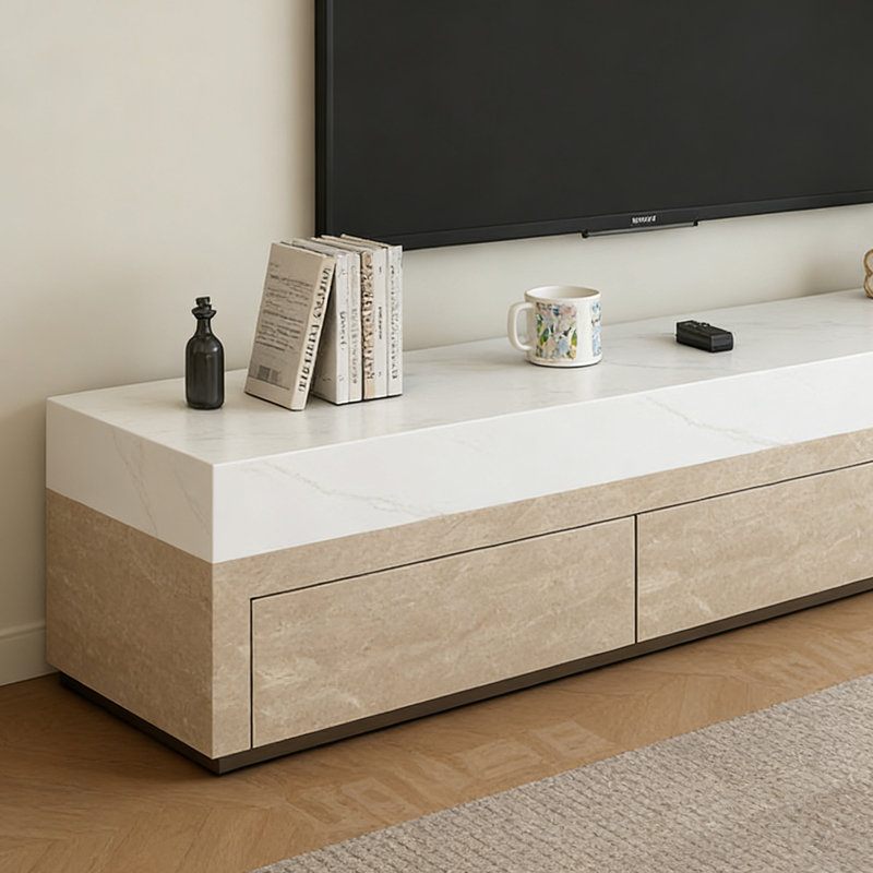 Meuble télé 3 tiroirs Simplicity, H 15,74 po x L 86,61 po x l 15,74 po, Brun / blanc / gris clair