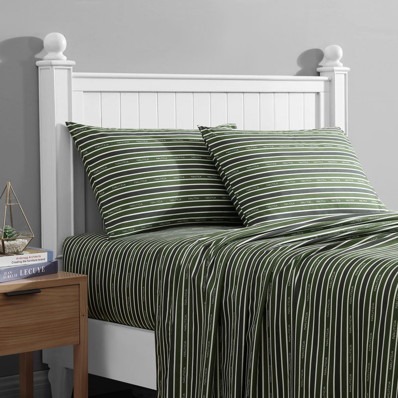 Nautica Ocean Breeze Cooling Striped Sheet Set, Queen Sheet Set with 2 Pillowcases, White/Blue Floral