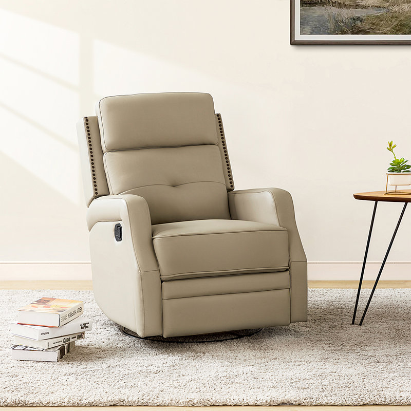 Rudisill Transitional Genuine Leather Swivel Rocker Manual Recliner, Beige Genuine Leather