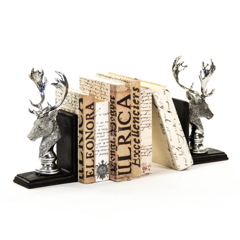 Silver Deer Head Resin Bookends with Black Base, Set of 2