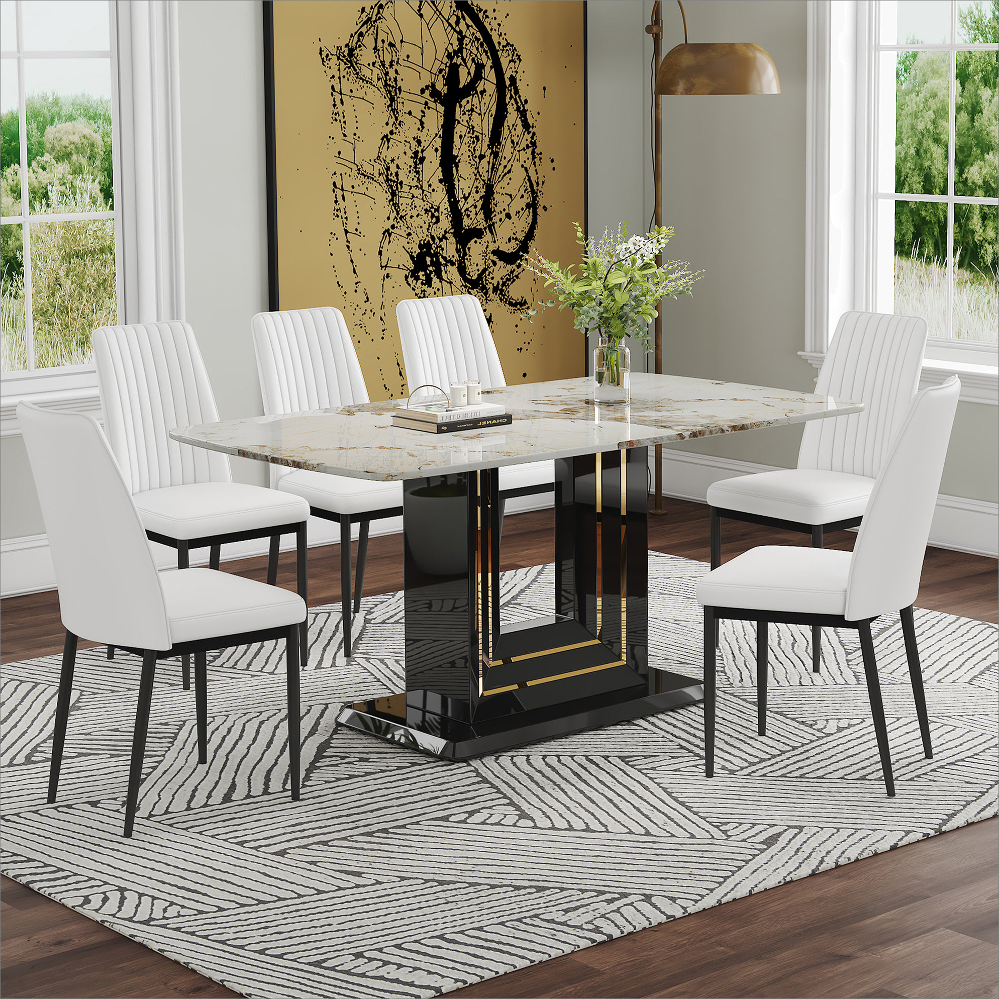 Everly Quinn Modern Dining Table Set, 7-Piece Faux Marble Kitchen Table ...