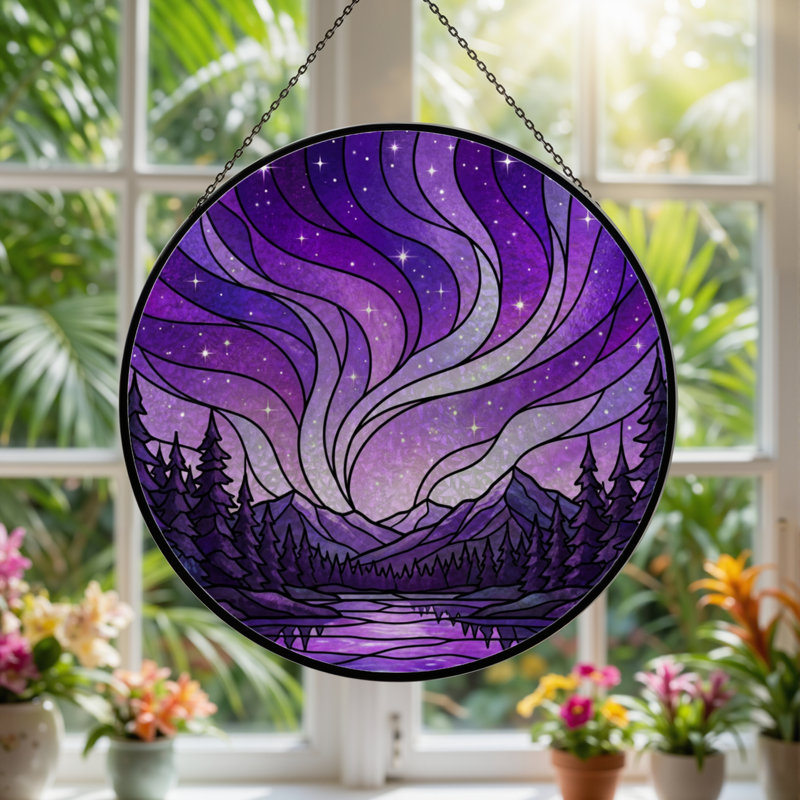 12"H Northern Lights Stained Glass Window Panel, 12" H x 12" W