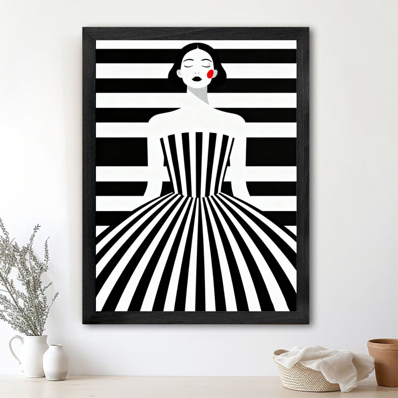 «Black», encadré noir, rayé, jolie fille, art mural, impressions de style rétro, H 17 po x l 13 po