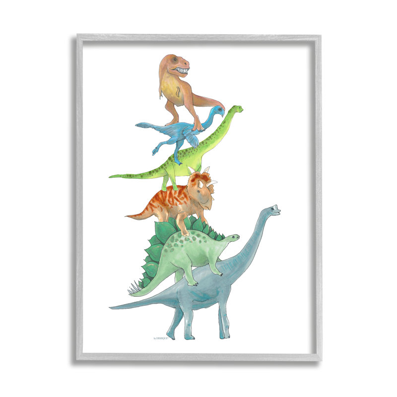 Illustration empilée de dinosaures empilés sur un T-Rex, H 30 po x l 24 po x P 1,5 po, Estampe numérique Farmhouse