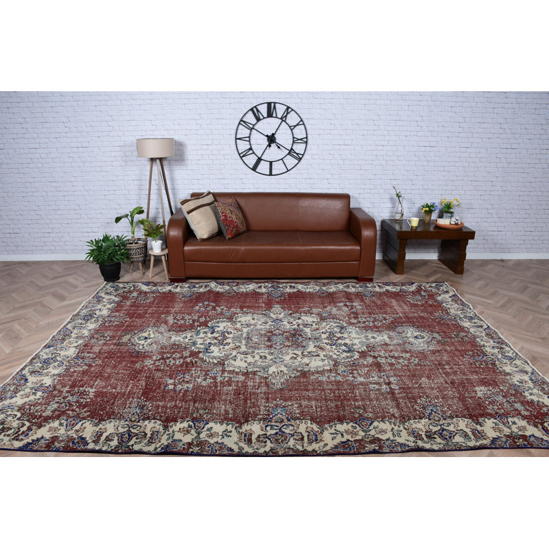 Tapis turc en laine Oushak fait à la main en rouge pour grand salon avec décor bohémien