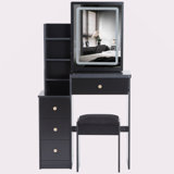 29.2" Small Size Left Bedside Cabinet Vanity Table + Cushioned Stool, Large Sliding, Touch Control, Tri-Color Switching, Brightness Adjust LED Mirror, High Capacity Storage, Suitable For Small Space
