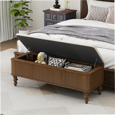 50.8-Inch Multi-Functional Storage Ottoman Bench-Solid Rubberwood Bed End Bench With Linen Seat, Storage Bench For Bedroom, Entryway Shoe Organizer For Bedroom, Living Room, Entryway, Closet, Walnut