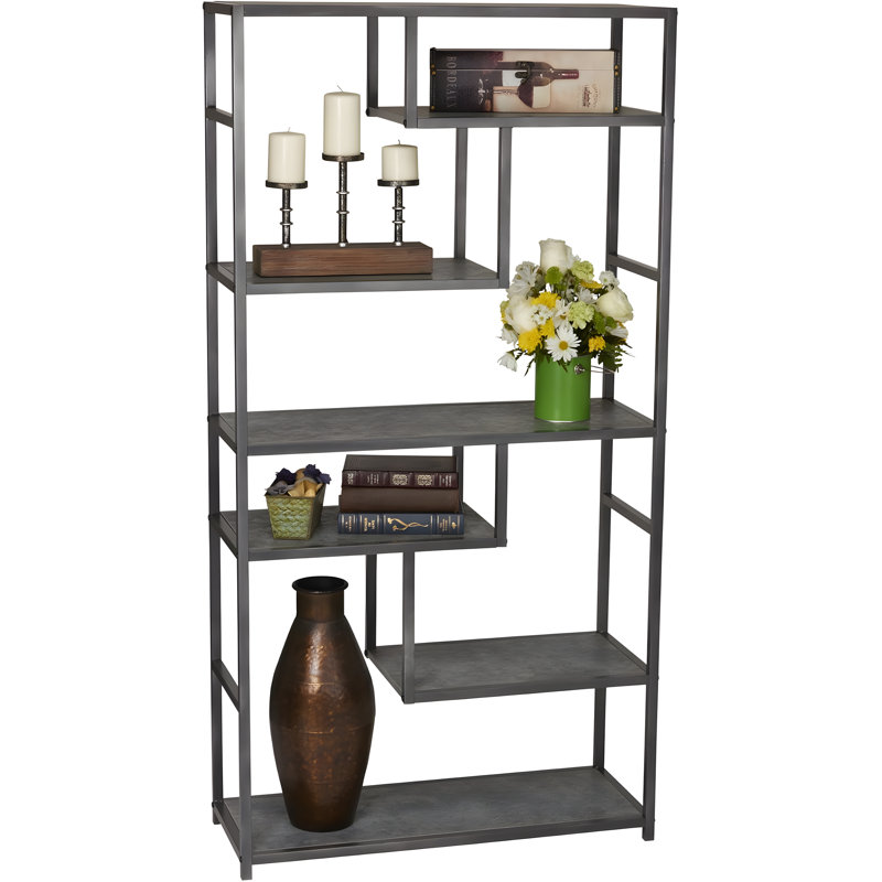 Modern Geometric Open Bookcase With Faux Concrete Wooden Shelves For Versatile Storage And Display