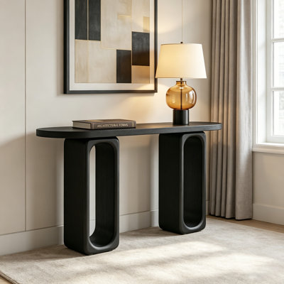 Modern Art Sculptural Console Table, Oval Cutout Legs, Wood Veneer, Thick Rounded Tabletop, Contemporary Entryway Sofa Table for Living Room Hallway