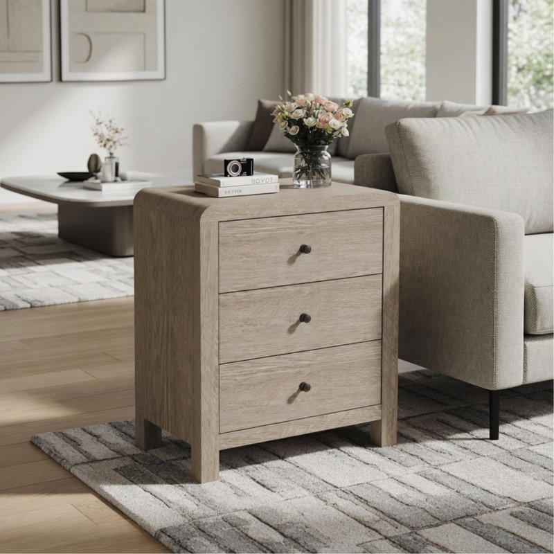 Commode 3 tiroirs en bois naturel d'une largeur de 23,6 po - Design moderne d'angle arrondi